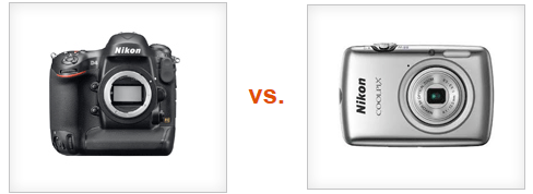 Comparison of a professional DSLR camera and a compact digital camera.